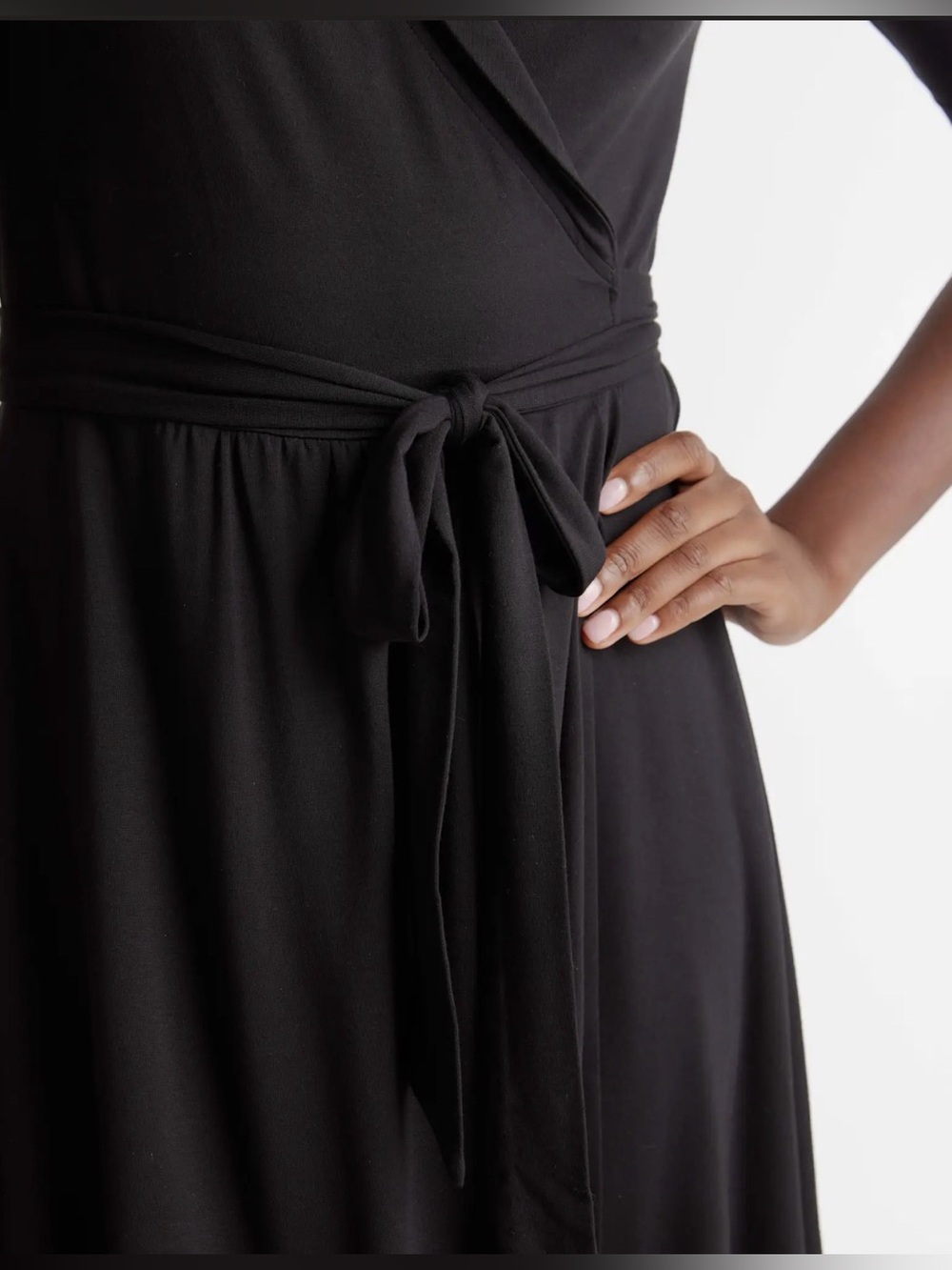 Quince Black Tencel Midi Wrap Dress, Large, Soft Stretch, Sustainable, Office - Picture 4 of 6